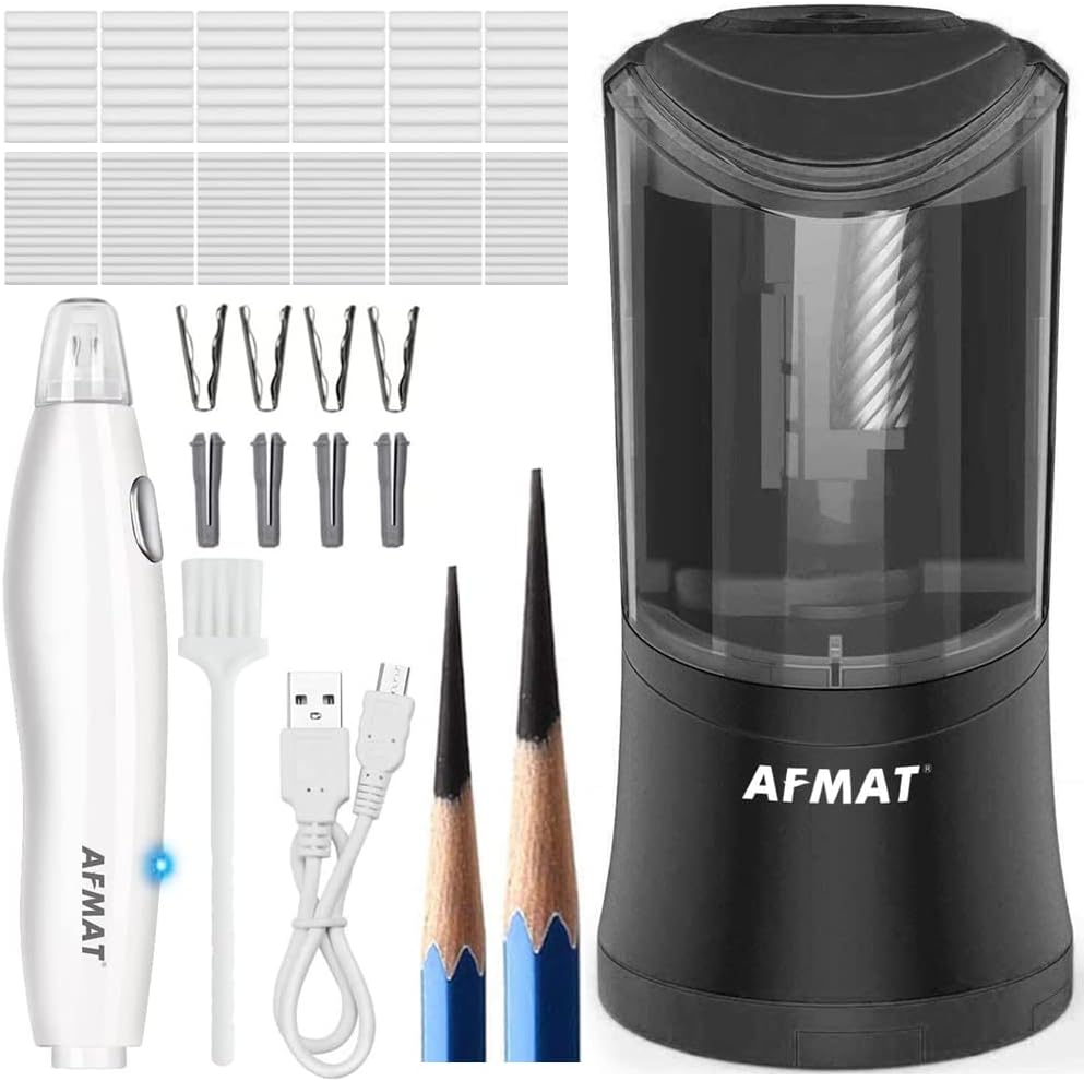 AFMAT Long Point Pencil Sharpener, Rechargeable Art Pencil Sharpener for 6-9.6mm Large Pencils, Rechargeable Electric Eraser for Artists, 140 Eraser Refills