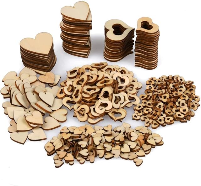 YANSHON 400Pcs Wooden Hearts Embellishments for Crafting Wedding Home Decorations, Mini Wooden Heart Pieces Slice Natural Wood Slices Love Heart Shape for Craft Making DIY- 1cm 2cm 3cm 4cm
