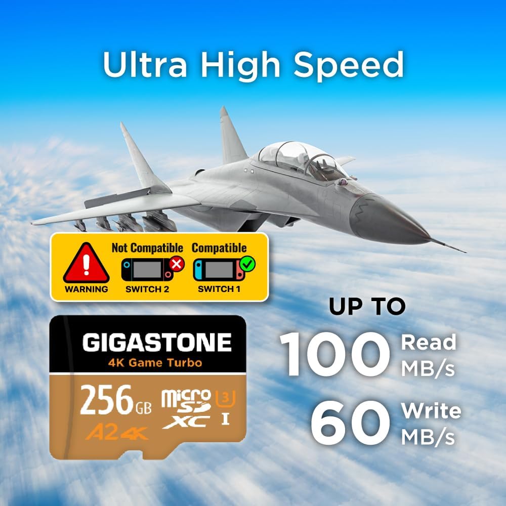 【for Switch 1 Only】 GIGASTONE 256GB Micro SD Card, 4K Game Turbo, Memory Card for Gaming Console, Action Camera, UHD Video, R/W up to 100/60MB/s, UHS-I U3 A2 V30 C10【5-Years Data Recovery】