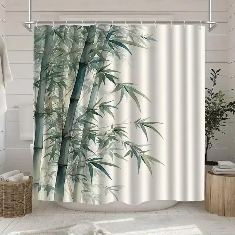 Rideau de Douche en Bambou Tissu Imperméable Lavable avec Crochets Anti Moisissure en Polyester Rideau Douche pour Baignoire Cabine de Douche 200x260cm/WxL
