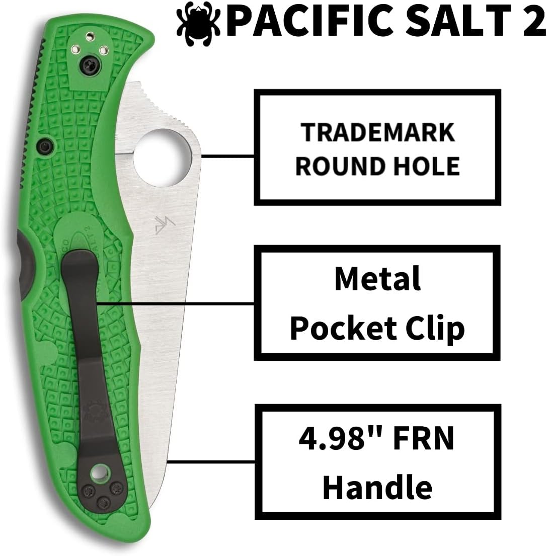 Spyderco Pacific Salt 2 Folding Knife with 3" LC200N Steel Blade and FRN Handle - EDC Knife for Men and Women, Perfect for Hunting, Tactical, Camping, Survival, Hiking - PlainEdge - C91FPGR2