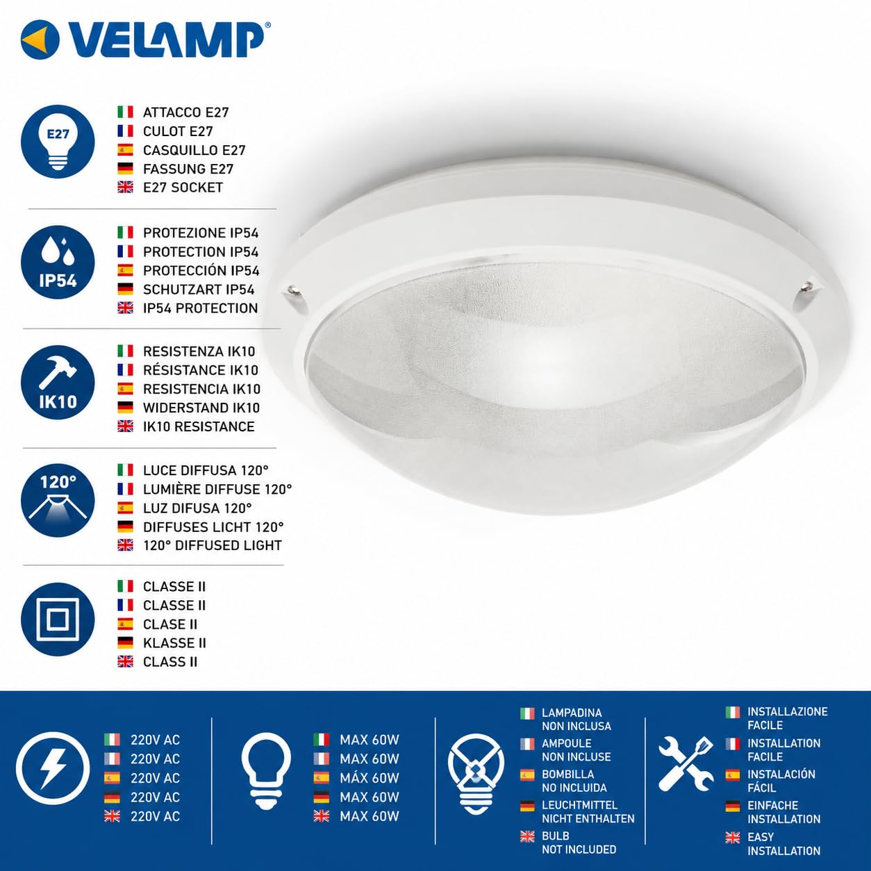 Velamp PTLEDIK-E27 Applique a Parete/plafoniera Tonda 27cm. in PC infrangibile IK10. Attacco E27, Compatibile LED, Max 60W. IP54: installabile all'Interno o all'Esterno. 60 W, Grigio