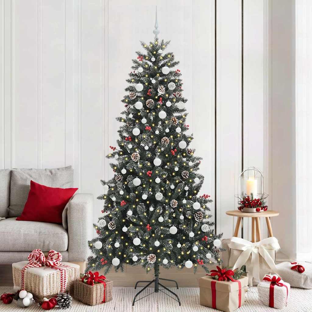 Albero di Natale artificiale verde, 210 cm, in PVC e acciaio, con luci a