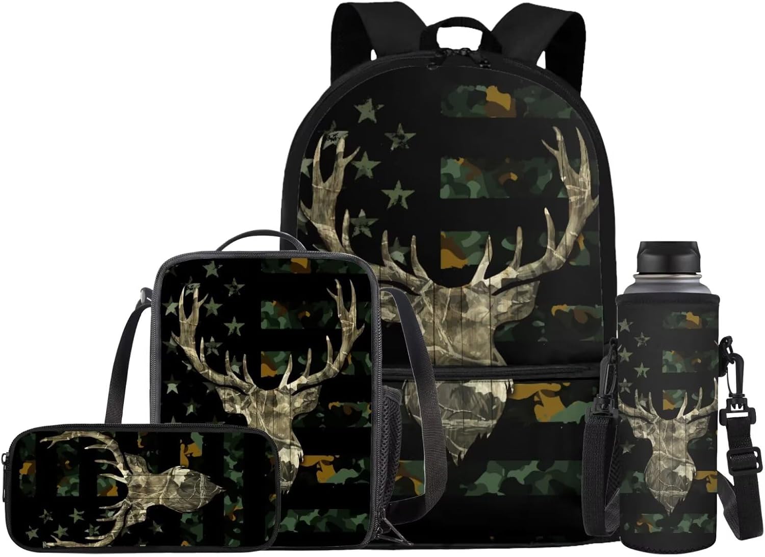 JEOCODY Green Camo Hunting Deer Backpack for Kids Boys Girls School Bag with Lunch Bag Pencil Case and Water Bottle Holder Set of 4 School Daypack Travel Bag Satchel Bagpack