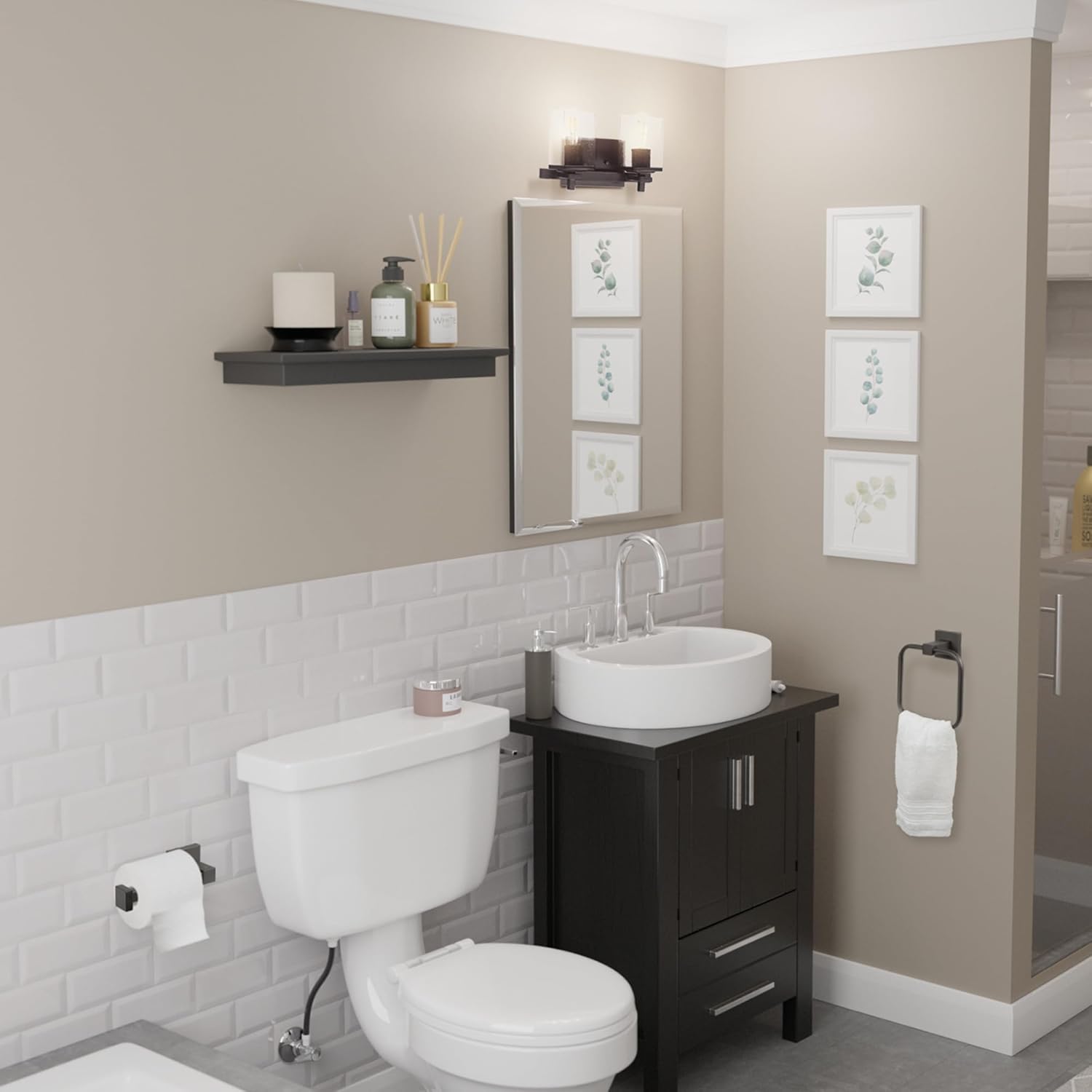 Globe Electric 63000101 3-Piece Powder Room Set, Matte Black, 13" 2-Light Vanity Fixture, Seeded Glass Shades, Towel Ring, Toilet Paper Holder, Bathroom Decor, Lighting Over Mirror, Home Essentials