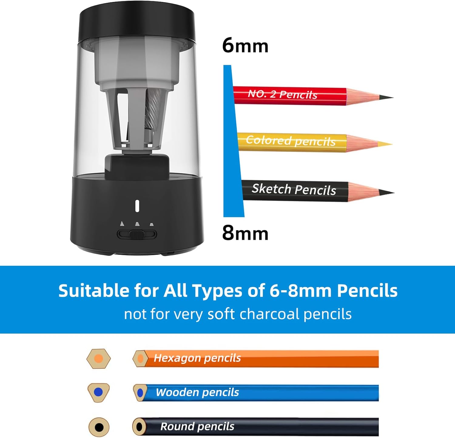 jy024 Black Electric Adjustable Multi Caliber Automatic Pencil Sharpener Debris Collection Device Special Pencil Tool (Black)
