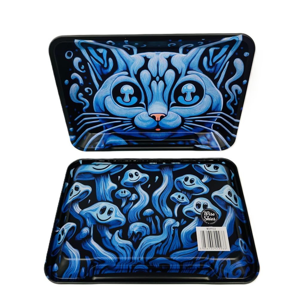 Wise Skies Pink Trippy Kitty Blue Rolling Tray Double Sided Small Matte Finish Graphic Psychadelic Design For Cigarette Rolling Accessory