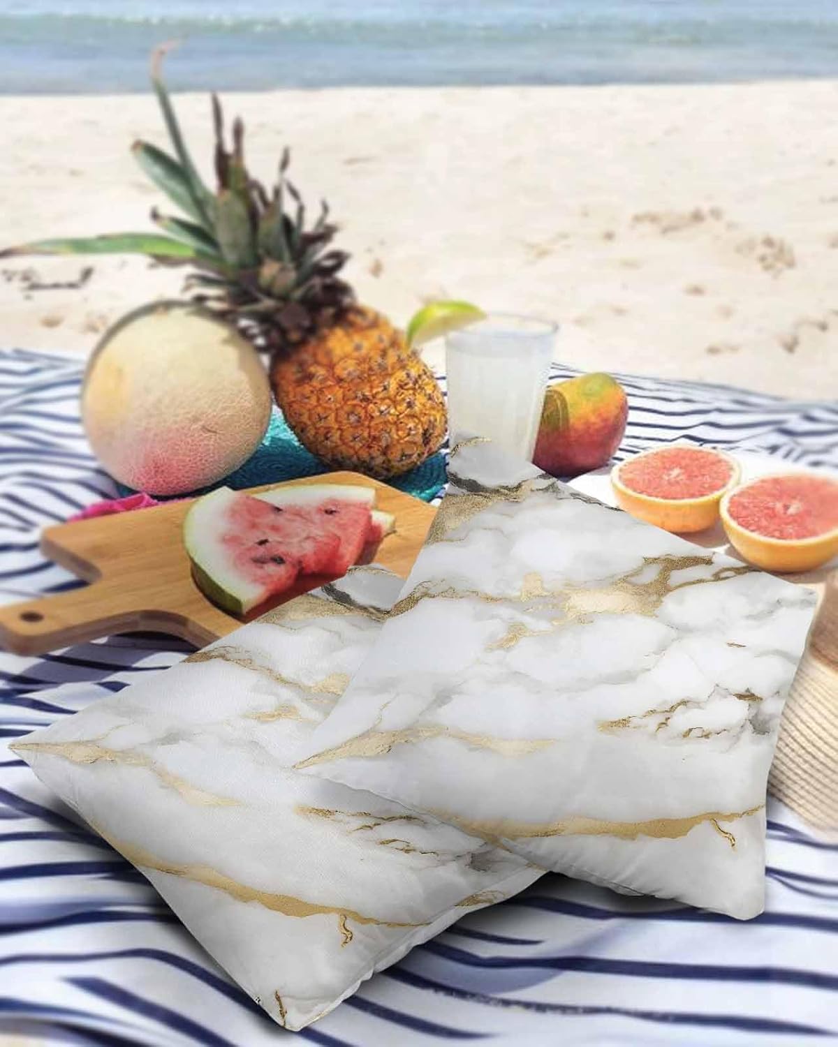 Pack of 2 Marble Texture Outdoor Pillow Waterproof Covers 24x24 inch, Abstract White Gold Polyester Throw Pillow Covers Garden Cushion Decorative Case for Patio Couch Decoration