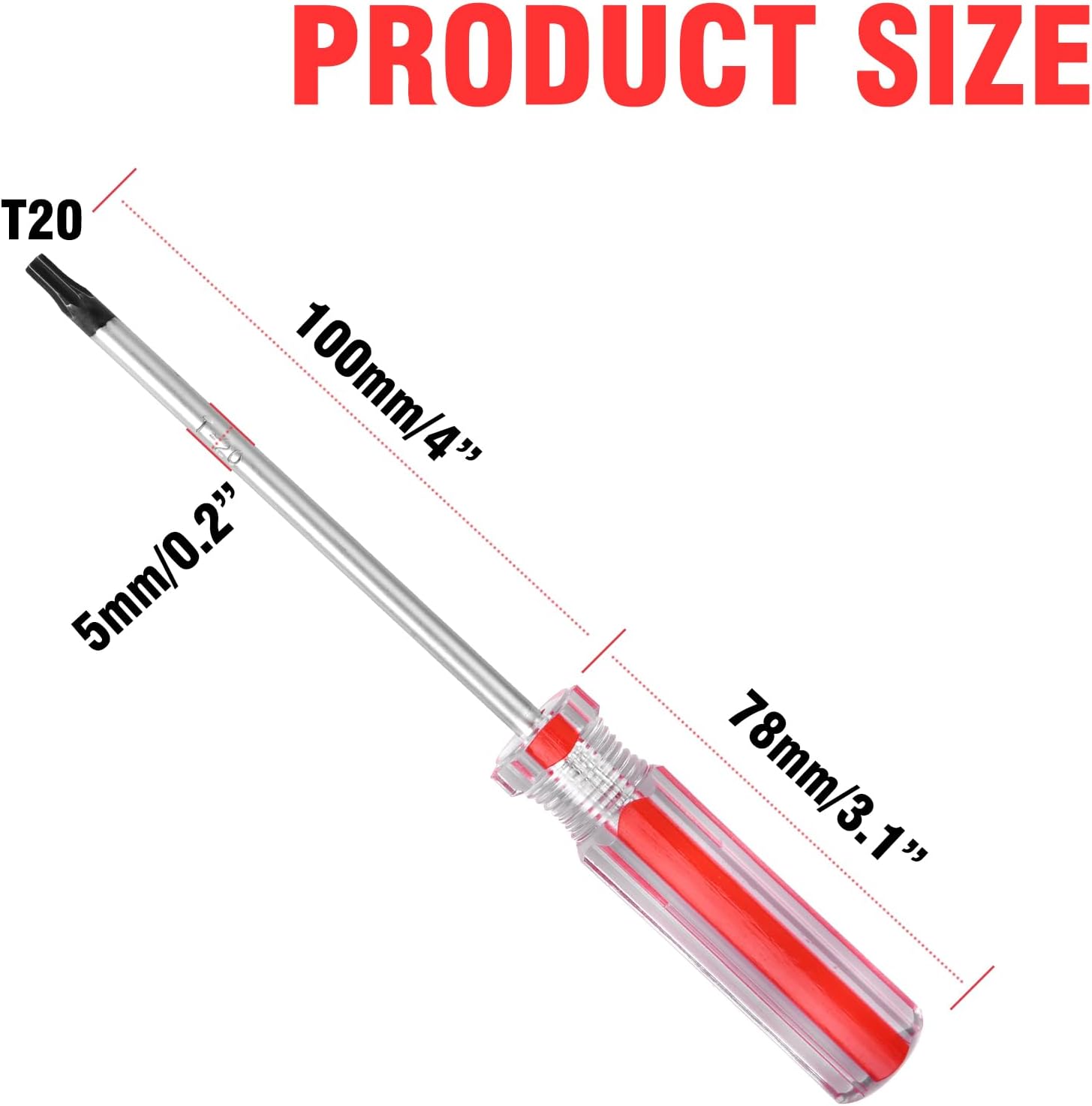 ALLWIN T20 Torx Screwdriver - Magnetic Tip, Red, Security Torx Head, T20 Size, 100mm Length