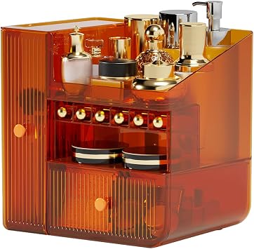 TONSHEN Makeup Organizer, Drawers with Lipstick Storage and Brush Holder, Skincare Organizer, Multi-Function Cosmetic Storage Display Cases for Vanity Bathroom,Stable Without Shaking Orange