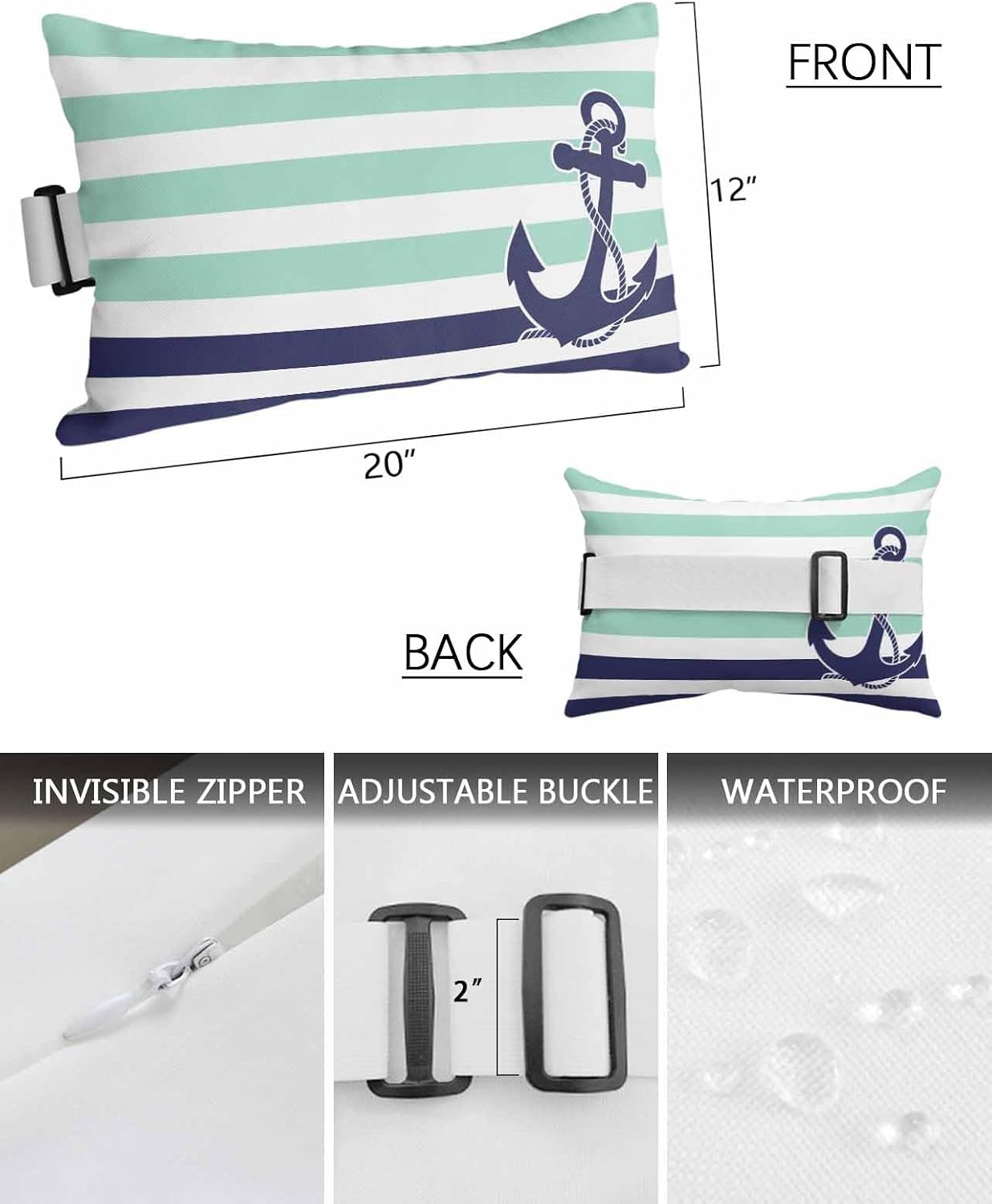 2 Packs Anchor Auqa Outdoor Chaise Longue Throw Pillow Covers Waterproof with Elastic Band,Beach Pool Lumbar Decorative Pillowcase Cushion Sham Modern Navy Blue White Striped Nautical 12x20
