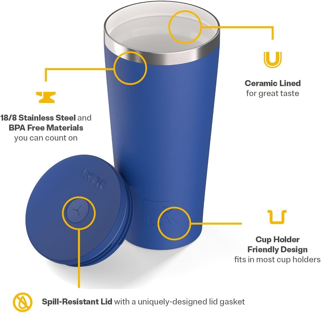 RTIC 20oz Everyday Tumbler Insulated Stainless Steel Portable Travel Coffee Cup with Straw, Ceramic Lining, Spill-Resistant Lid, BPA-Free, Hot and Cold Drink, Cobalt