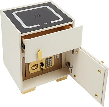 Smart Nightstand w/Safe & Combination Lock, Smart Bedside Table w/USB Charging Station & LED Three-Color Light, Minimalist New Solid Wood Night Stand for Bedroom White
