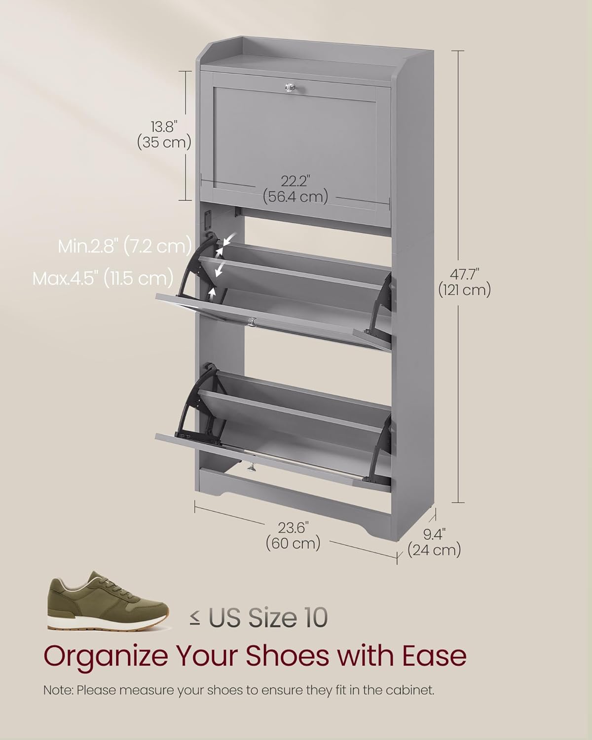 VASAGLE Shoe Cabinet with 3 Flip Drawers, Shoe Organizer, Adjustable and Removable Dividers, Holds 12-20 Pairs, Entryway, 9.4 x 23.6 x 47.7 Inches, Dove Gray ULBC036GD02S