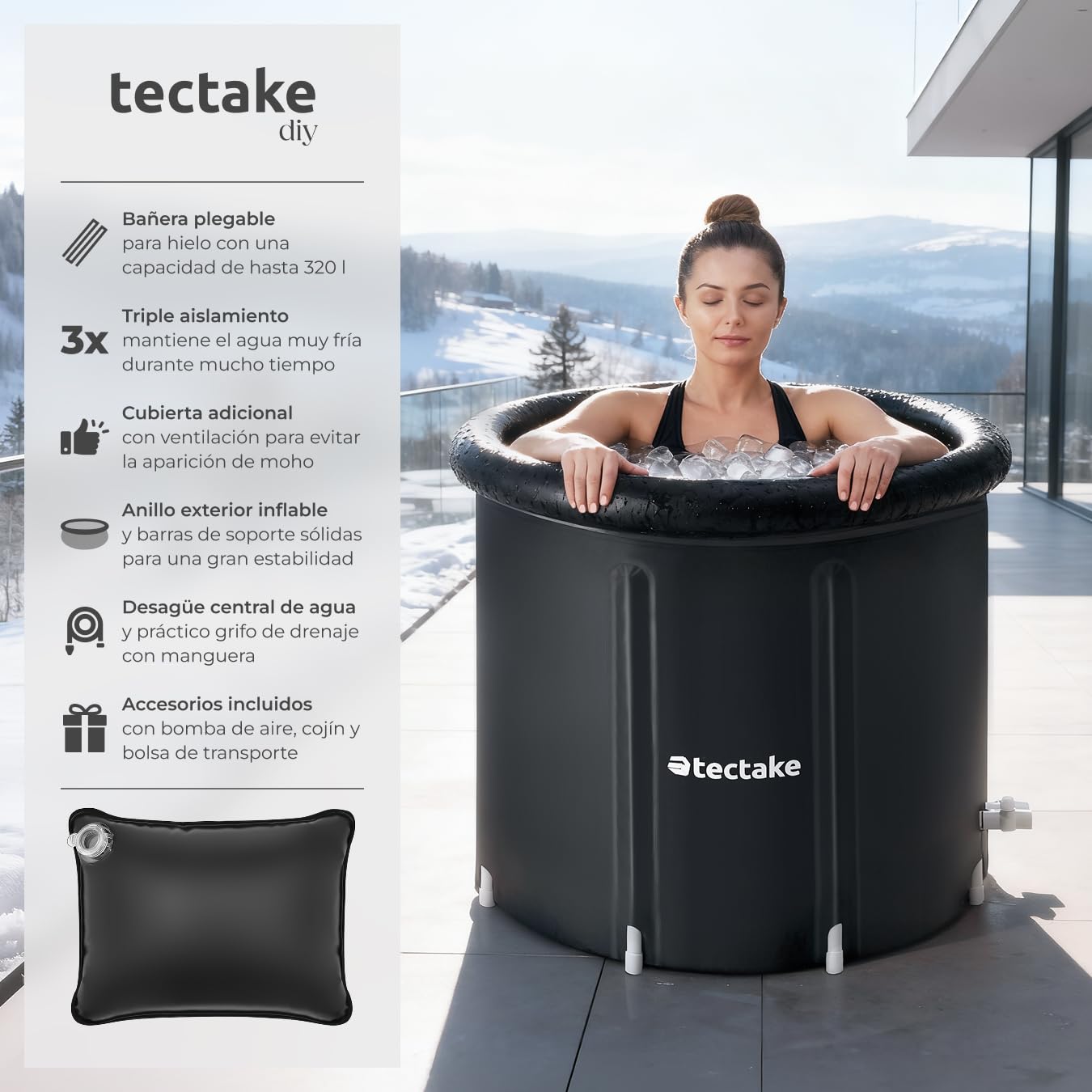tectake® Bañera Hielo, Bañera Plegable Adulto, Piscina Plegable, Crioterapia, Piscina de Hielo, Baños Portatiles, Piscinas Plegables - 75 x 75 x 75 cm