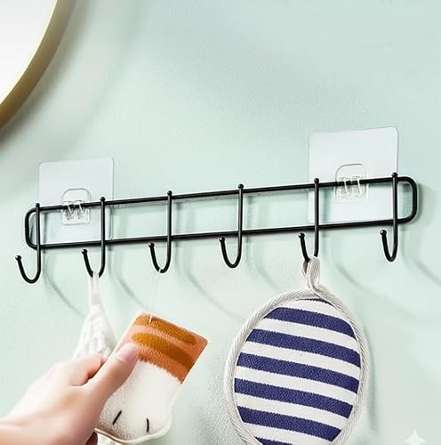 KYMIO Heavy Duty Adhesive Wall Hooks Rack | No Drill Multipurpose Kitchen & Bathroom Organizer | Strong Self Adhesive Hanging Hooks for Towels, Utensils, Clothes, Bags (Black, 6 Hooks)