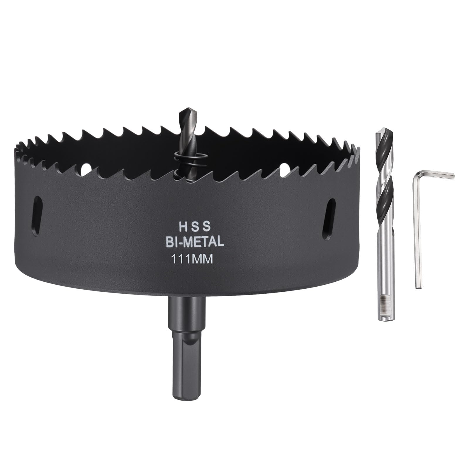 CoCud 4-3/8" (111mm) Hole Saw, M42 Bi-Metal Hex Shank Hole Cutters with 2pcs Drill Bit - Cutting Tool for Thick Metal Board Alloy Steel Plate. Black