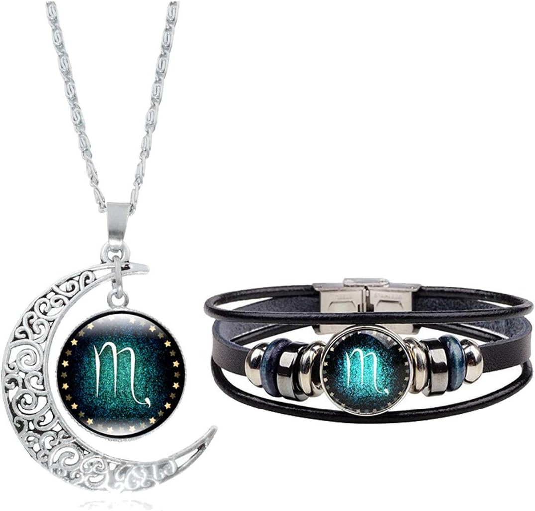Fashion 12 Twelve Constellations Hand Woven Leather Bracelet and Moon Pendant Necklace Zodiac Sign Jewelry Set