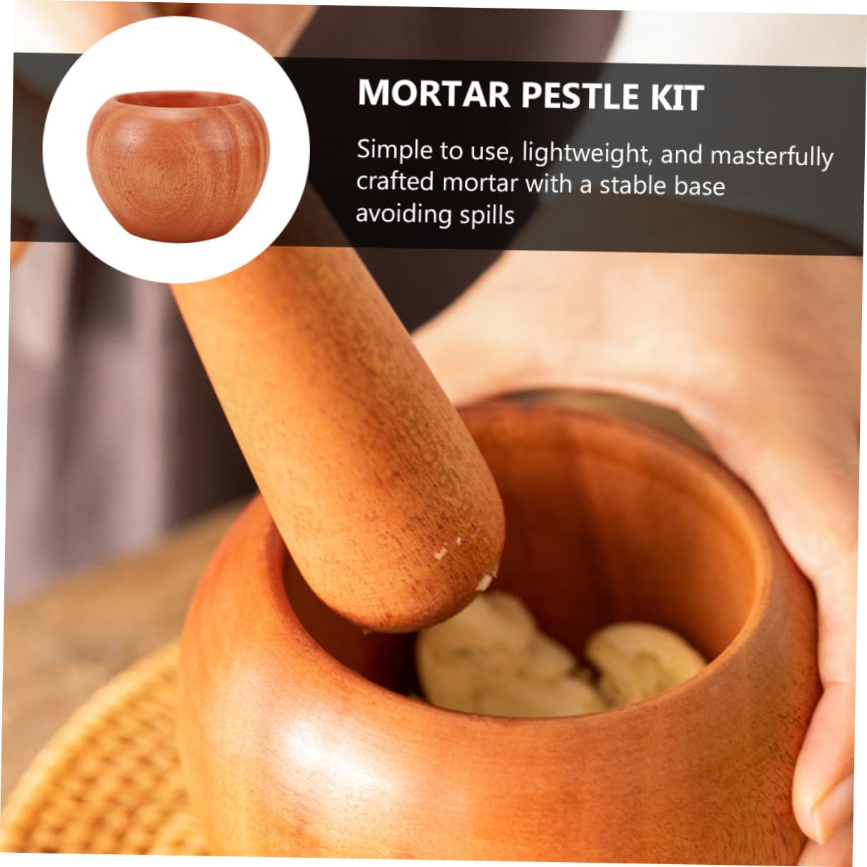 Zerodeko 1Set Mortar Pestle Kit Manual Garlic Pot for Crushing Spices and Garlic Large Wooden Mortar with Stable Base for Kitchen Seasoning and Spice Grinding