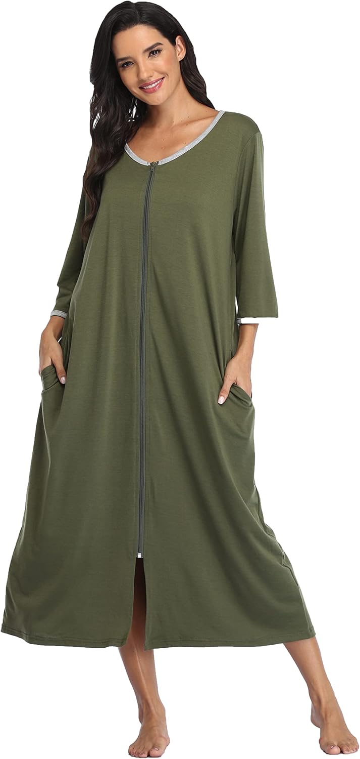Women's Zip Up Housecoat Soft Bathrobe Half Sleeve Sleepwear Full
