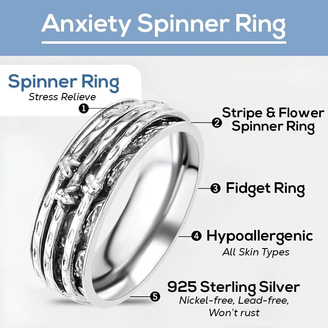 Fidget Ring Women - Anxiety Rings for Women in 925 Sterling Silver - Floral Fashion Cute Spinner Summer Boho Jewelry - Oxidized Thumb Band Worry Stress Relief - Gifts for Womens