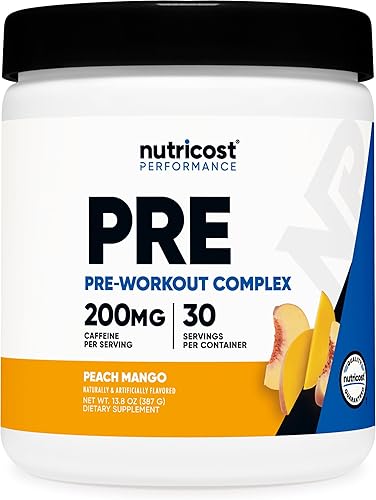 Nutricost Polvo complejo pre-entrenamiento (30 porciones, mango melocotón) - Suplemento preentrenamiento con beta-alanina, taurina y aminoácidos