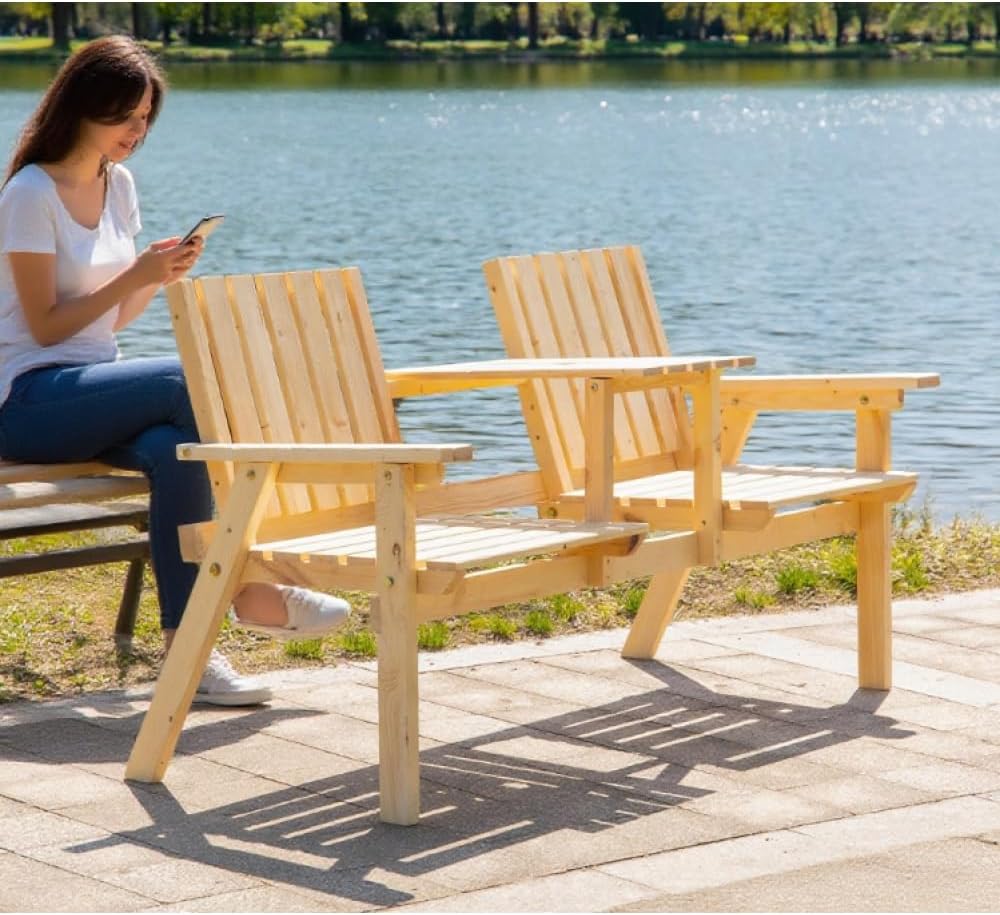 Outdoor Bench with Center Table and Umbrella Hole for Patio or Garden Use