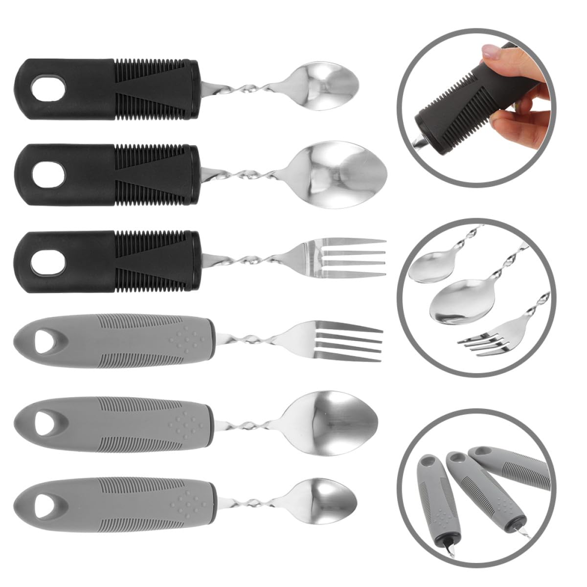 Homoyoyo Juego de Cubiertos Adaptativos Antideslizantes de Acero Inoxidable Mango de Goma Flexible 6 Piezas Plegables en Negro y Gris Utensilios Portátiles para Adultos Mayores y