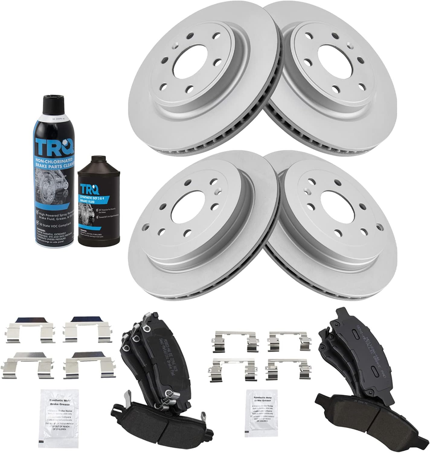 TRQ Semi-Metallic Brake Pad & Coated Rotor Front Rear Kit w/Fluids Compatible with GMC Chevy