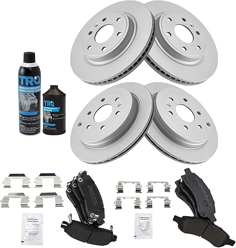 TRQ Kit de pastillas de freno semimetálicas y rotor revestido delantero trasero con líquidos compatibles con GMC Chevy