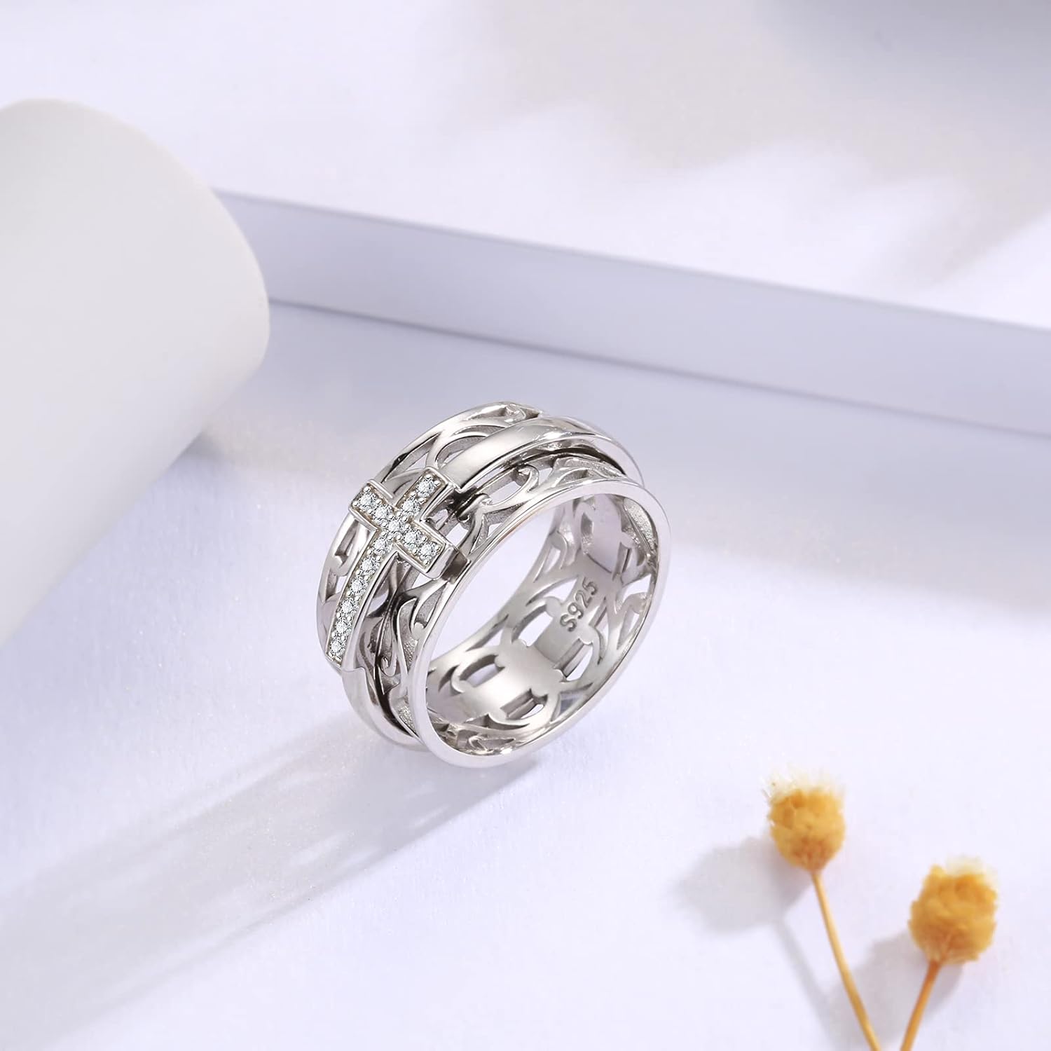 Sariel 925 Sterling Silver Cross Spinner Ring Fidget Spinning Band Rings for Women Mom Daughter - Image 2
