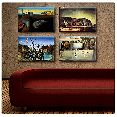 Alonline Art - Telephone Memory Elephants Face Melting Clock By Salvador Dali | Print On Canvas | Ready To Frame (Synthetic, Rolled) | 36"X24" - 91X61Cm | Set Of 4 Lot | Wall Art Home Decor Hd #TOP1