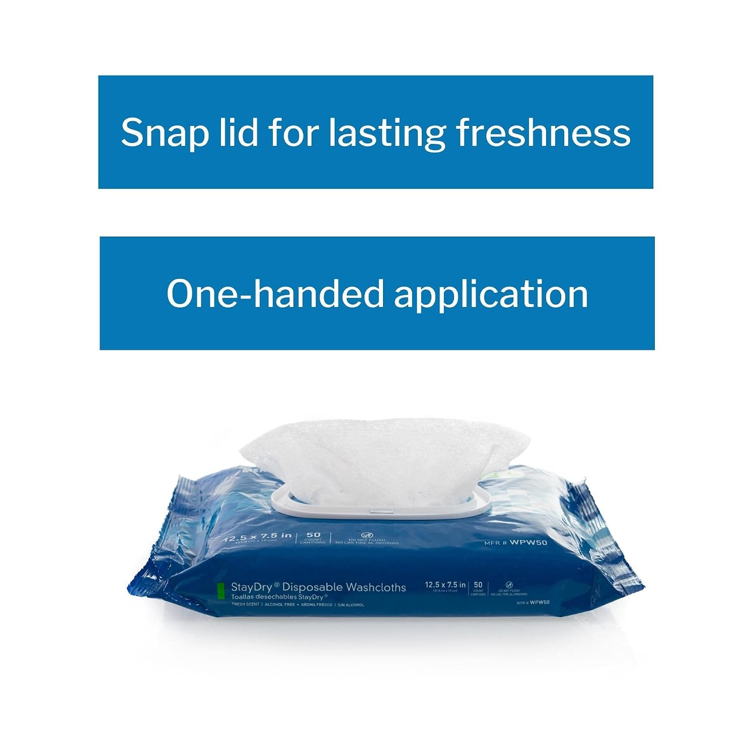 McKesson StayDry Disposable Wipes or Washcloths for Adults with Aloe, Incontinence, Alcohol-Free, Not-Flushable, 50 Wipes, 12 Packs, 600 Total