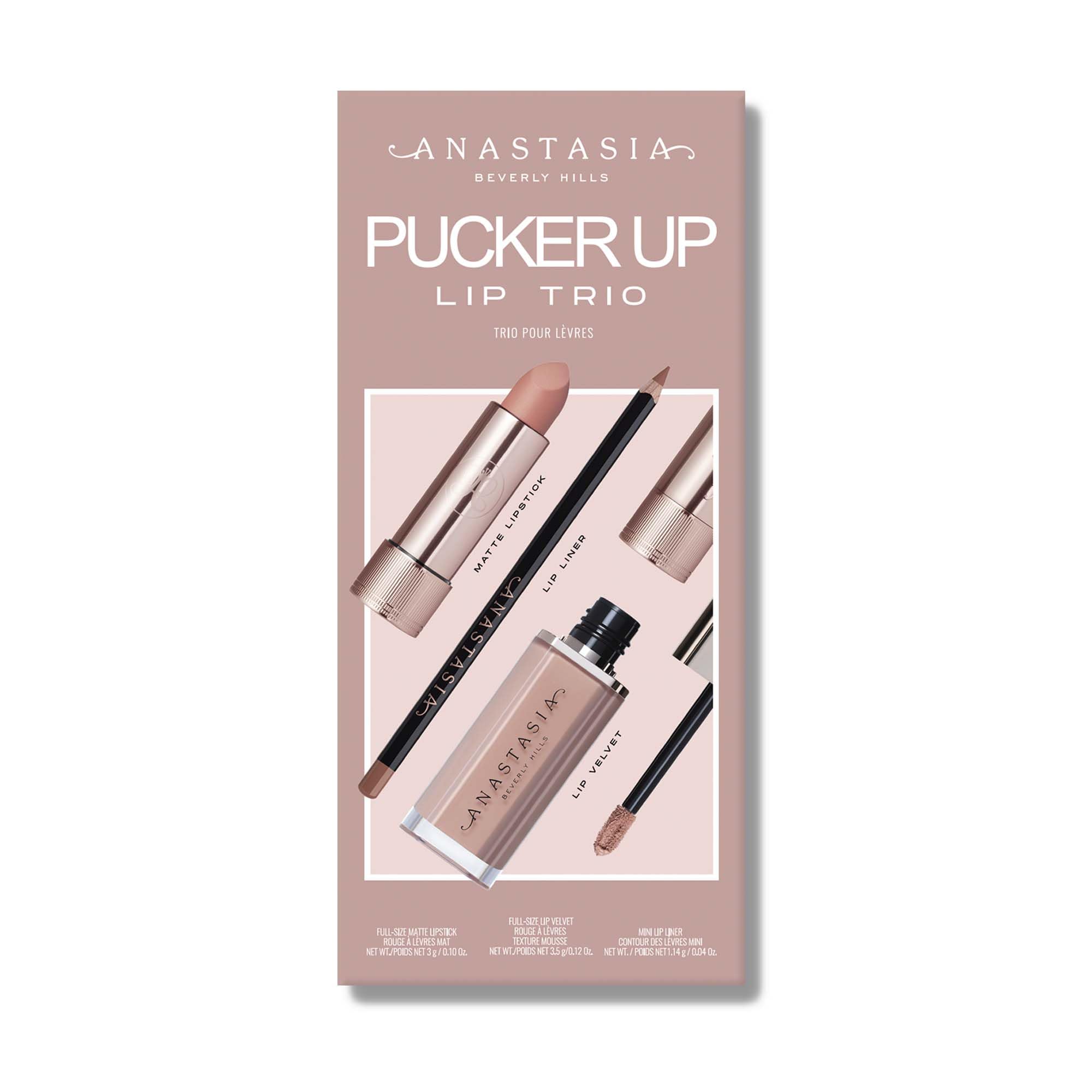 Anastasia Beverly Hills - 2025 Pucker Up Lip Trio – Rouge à lèvres Blush Brown/Lip Velvet Crush/Lip Liner Malt – Coffret cadeau de vacances