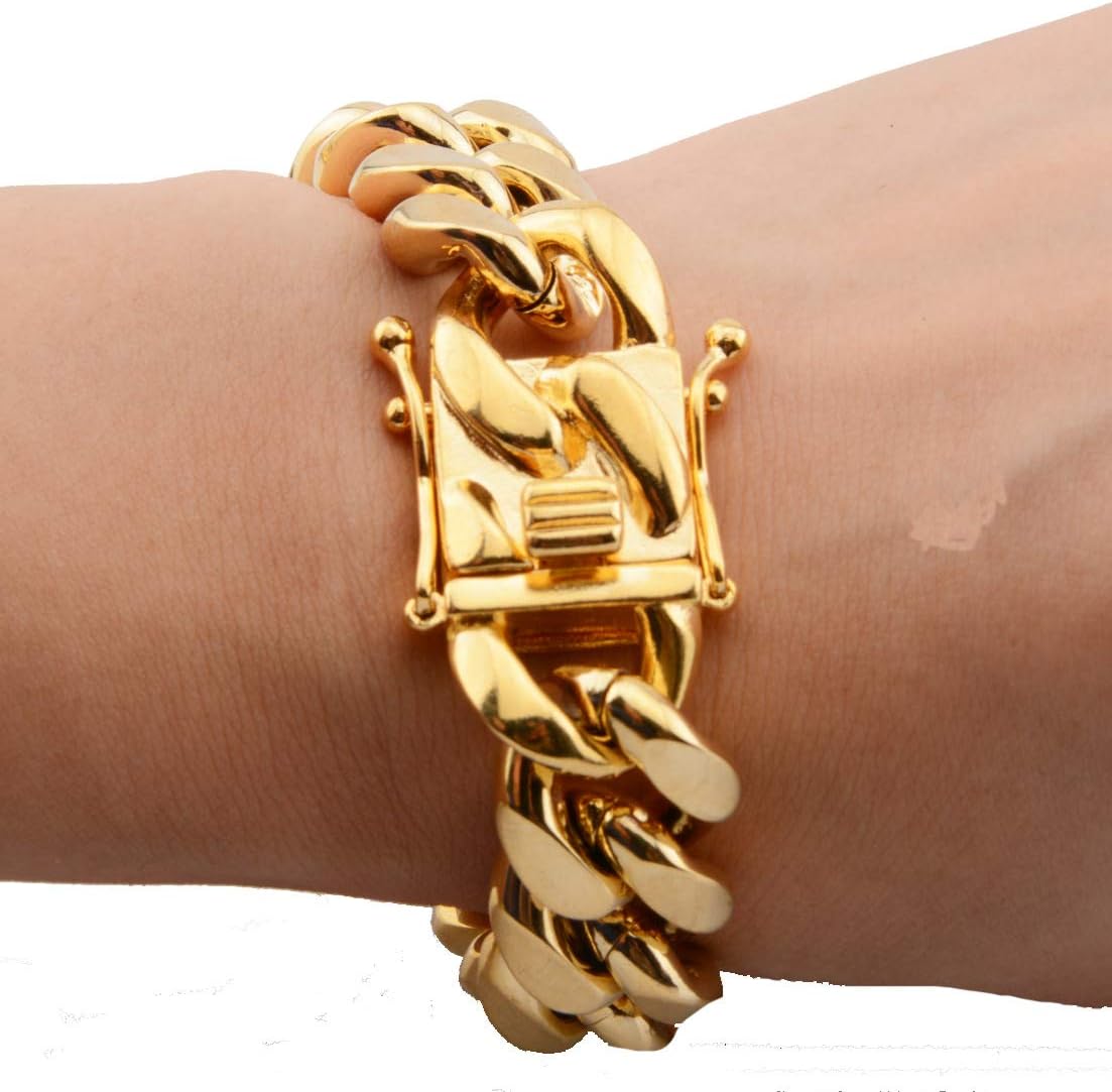 Italian Diamond-Cut Chunky Miami Cuban Link Bracelets for Men Women 18K Gold 8mm 10mm 12mm 14mm Wide Stainless Steel Hip Hop Bracelet Chain with Double - Lock Clasp Big Link Bracelet for Men Boys