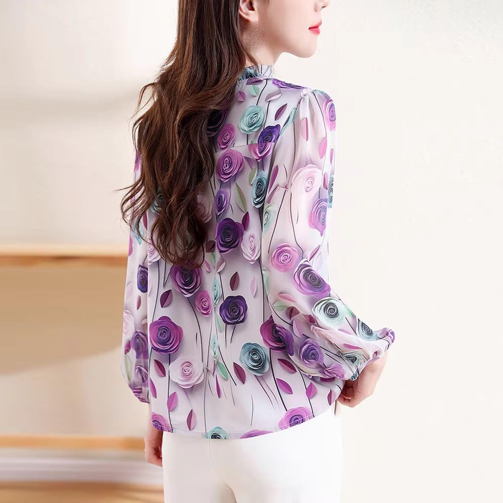 Women's Floral Printed Blouse Summer Comfortable Streetwear Silk Shirt Casual Pullover Top