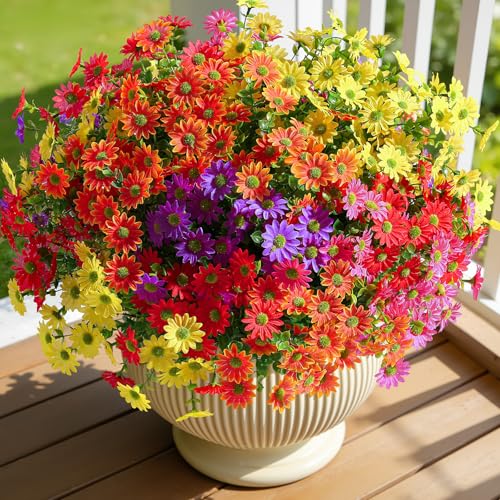 Alupssuc 40 Bundles Artificial Daisies Flowers Fake Silk Plant for Indoor Outdoor Decor, UV Resistant No Fade Faux Spring Flowers for Garden, Porch & Patio Decoration,RedRosyPurpleYellowOrange