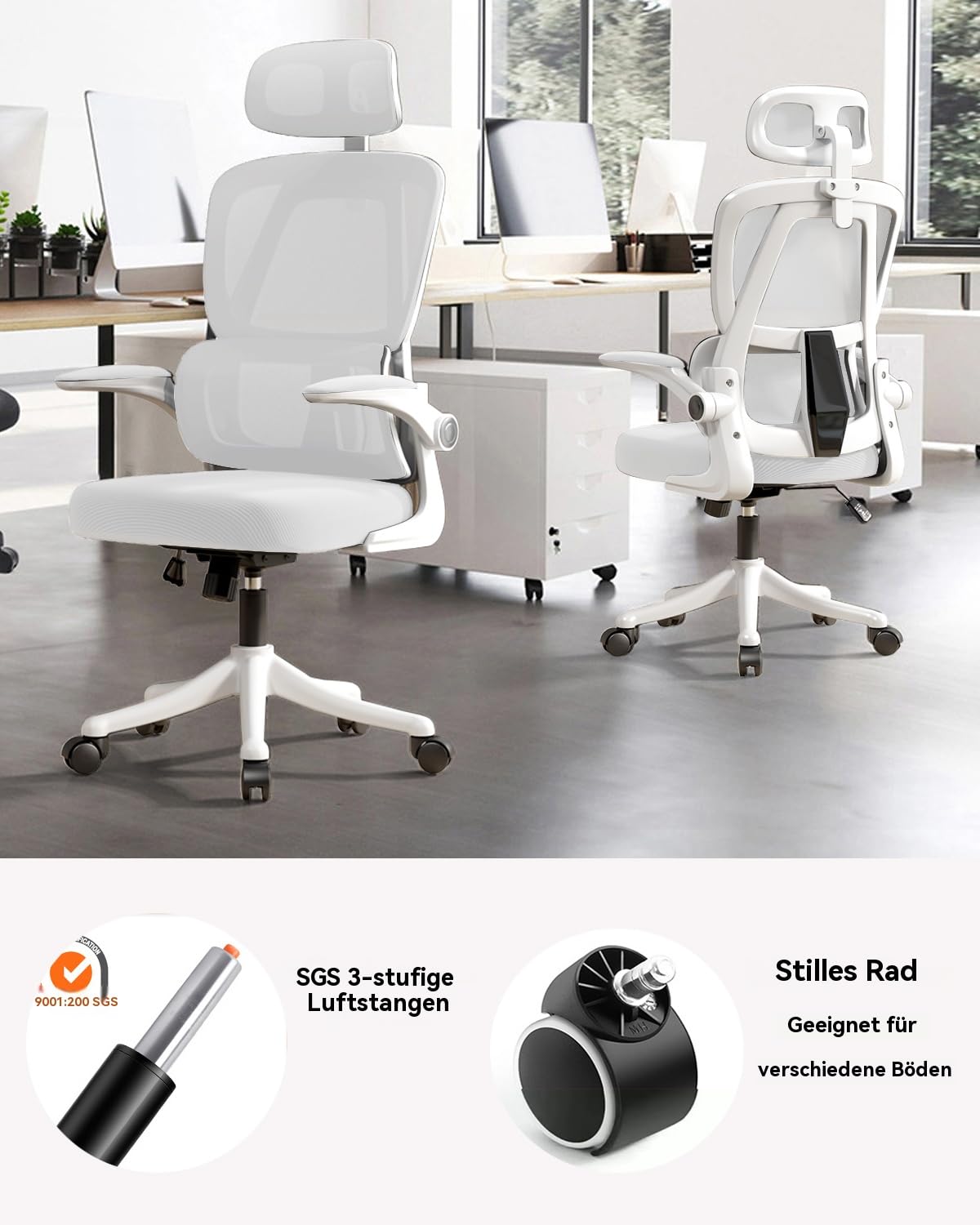 Bürostuhl Mesh Schreibtischstuhl,Ergonomischer Hochrücken-Gaming-Rollstuhl mit Rädern und Verstellbarer Kopfstütze,Komfortable Hochklappbare Armlehnen für Zuhause,Schlafzimmer,Studium(Weiß)