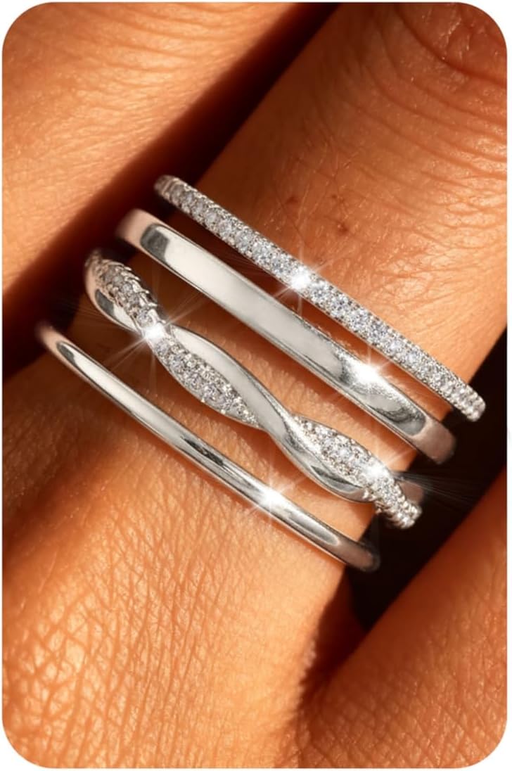 Florideco 14K Gold Plated Stackable Rings for Women Non Tarnish Dainty Cubic Zirconia Ring Set Minimalist Wedding Bands Ring Stack Statement Engagement Promise Thumb Rings Size 5-10