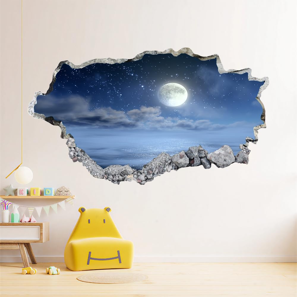 Pegatinas de decoración de pared 3D Nube De Luna Pegatinas De Pared Calcomanías Murales De Pared Rotas 3D Paisaje Natural Vinilo De Pared Arte Hogar Decoración De Pared 112x75cm