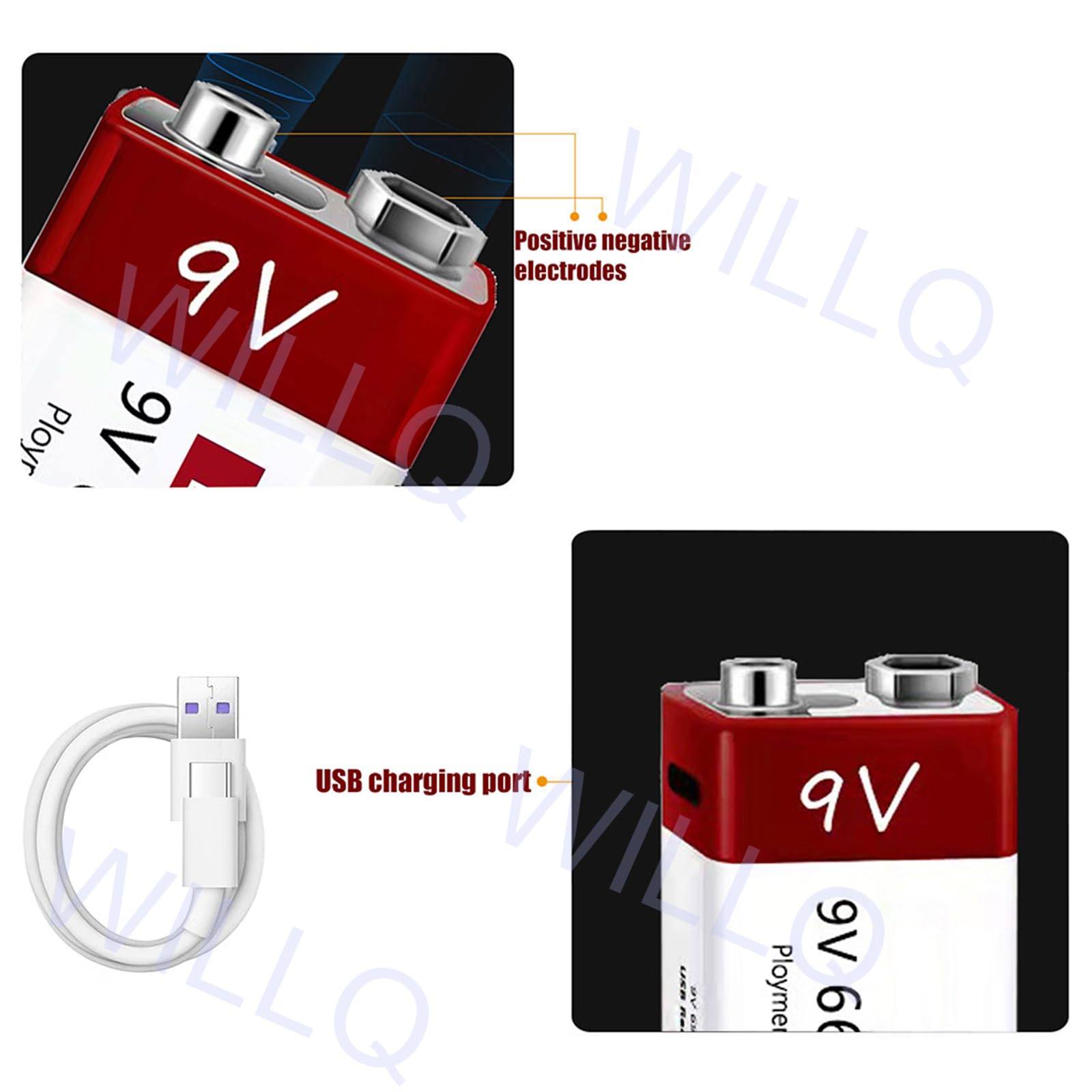 Pack Piles au Lithium Rechargeables 9V Batterie Li-ION 6900mAh 9V avec câble Chargement USB pour Guitare électrique/Microphone/détecteur fumée/détecteur et Plus Encore