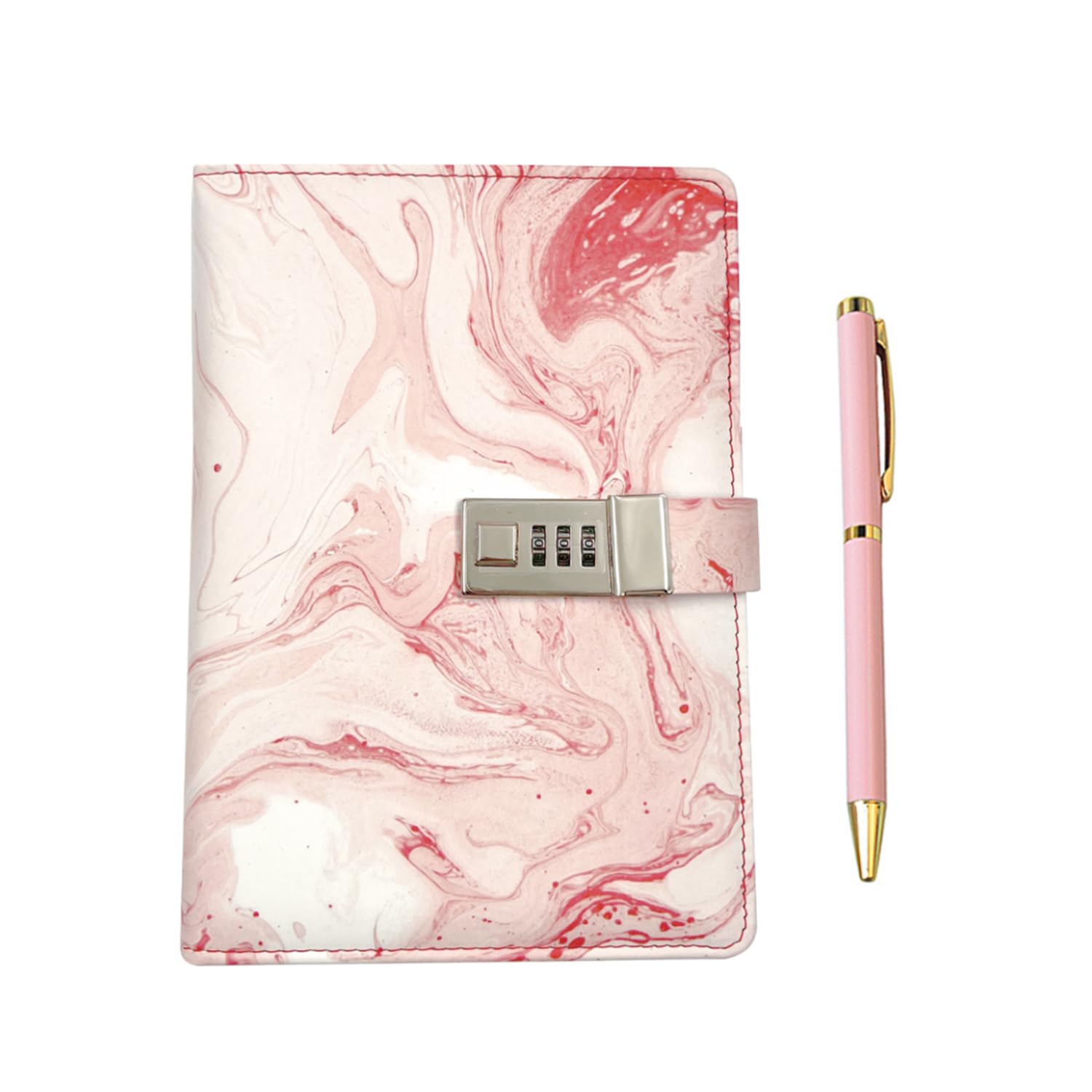 Diary with Lock for Girls and Women, A5 PU leather Journal with Lock,240 Pages Password Locked Travel Notebook with Metal Ballpoint Pen and Gift Box Pink