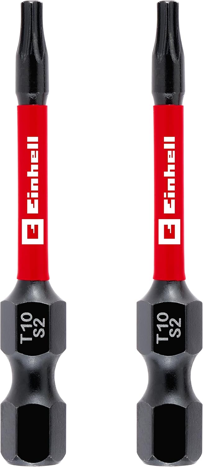 Original Einhell Impact Bits, 2 Pieces, 50 mm, T10 (S2 Steel, Torsion Zone, Efficient Power Transmission, Red Colour Ring, C 6.3 Shank)