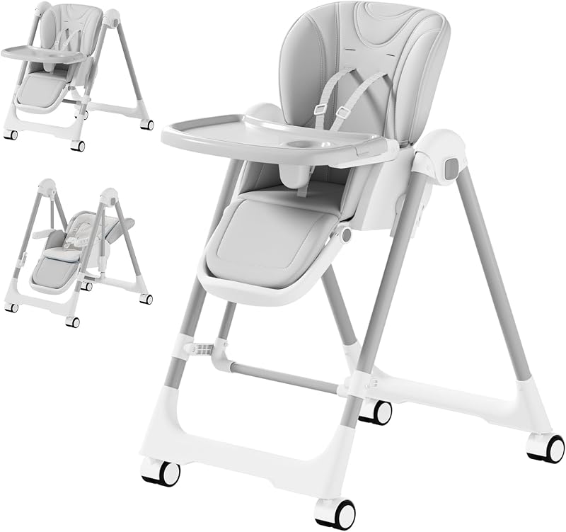 3-in-1 Foldable High Chairs for Babies and Toddlers with Rocking Mode | Baby High Chair with 5 Height Levels, Adjustable Backrest & Footrest, Lockable Wheels