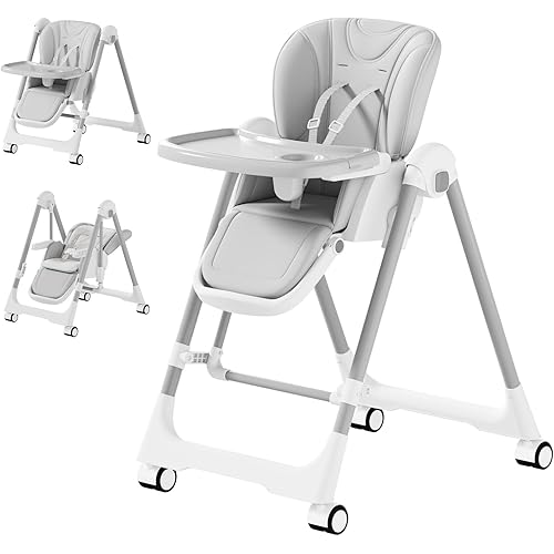 3-in-1 High Chairs for Babies and Toddlers, Foldable Baby High Chair with Rocking Mode, 5 Height Levels, Adjustable Backrest & Footrest, Lockable Wheels (Grey)
