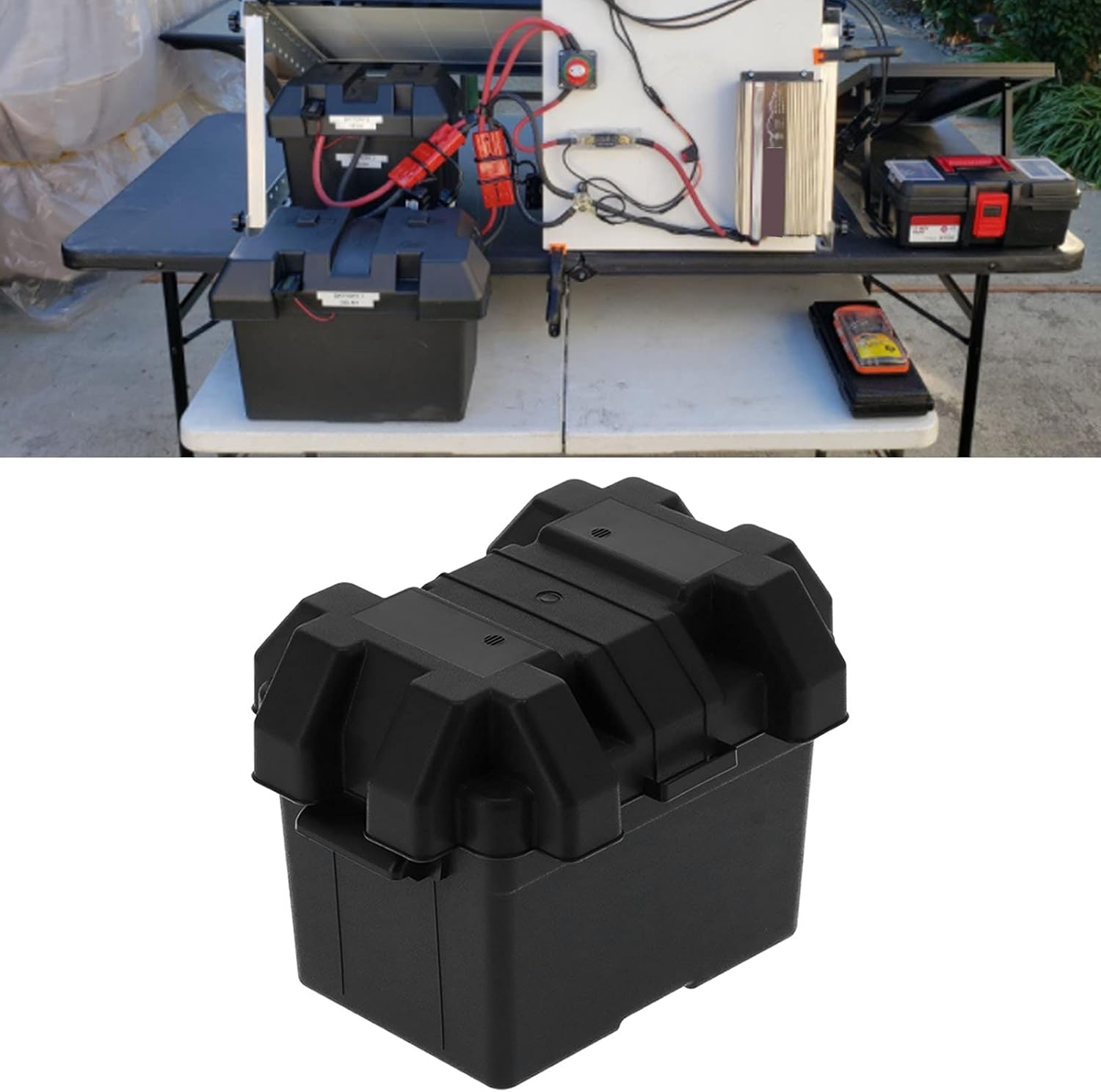 Battery Storage Box with Strap - Outdoor Power Guard Holder for Marine RV Trailer Automotive Boat Kayak Camping (S)