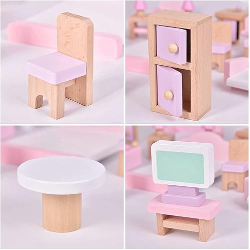 Miniatura 7 de Juego de 22 piezas de muebles de casa de muñecas de madera - Baño, cocina, dormitorio, sala de estar, juego de 4