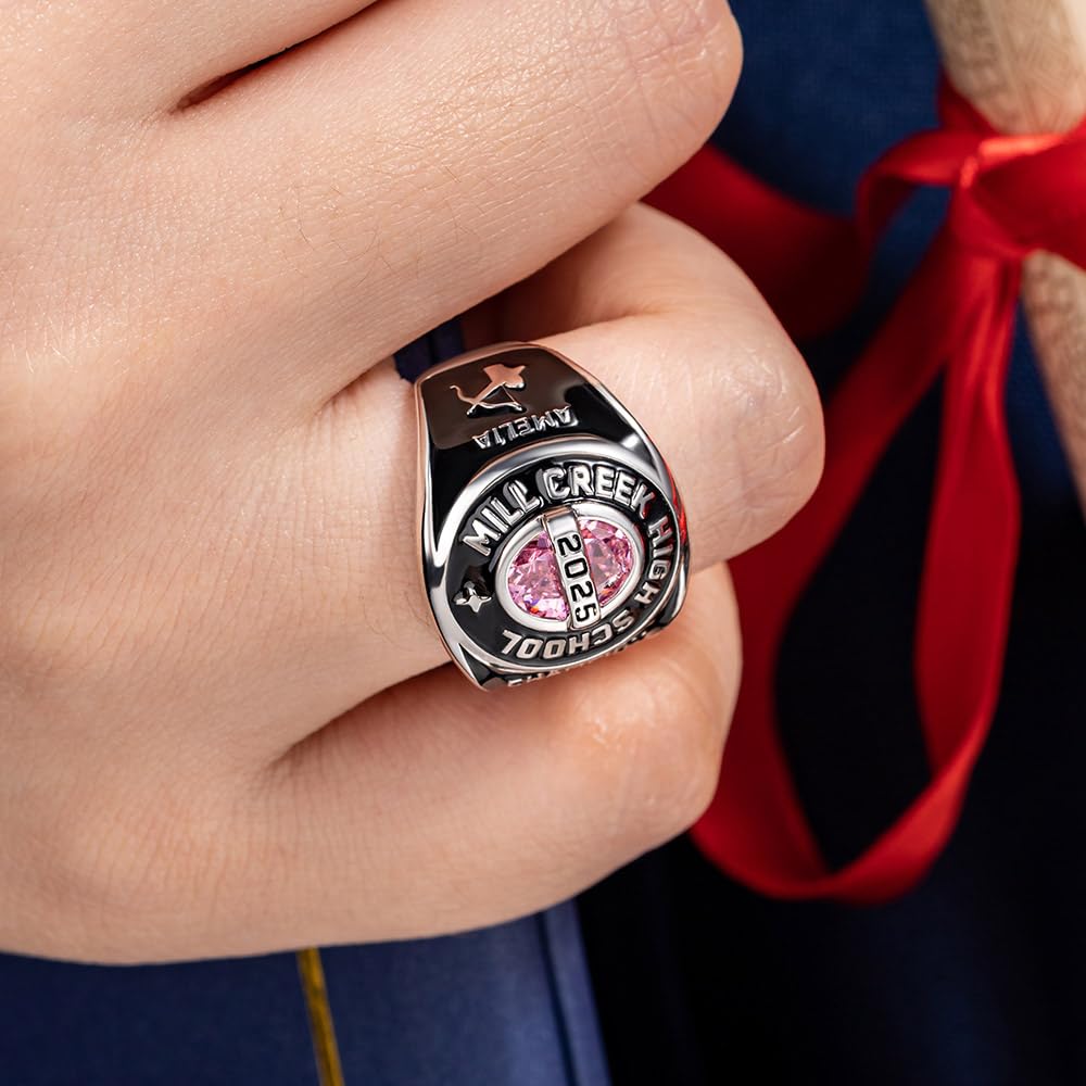 Personalisierter Klassenring mit individuellem Logo-Symbol für Damen und Herren, mit individuellem Text, Geburtsstein und Siegel – Universitäts-Abschlussring, High School, College, Meisterschaftsring