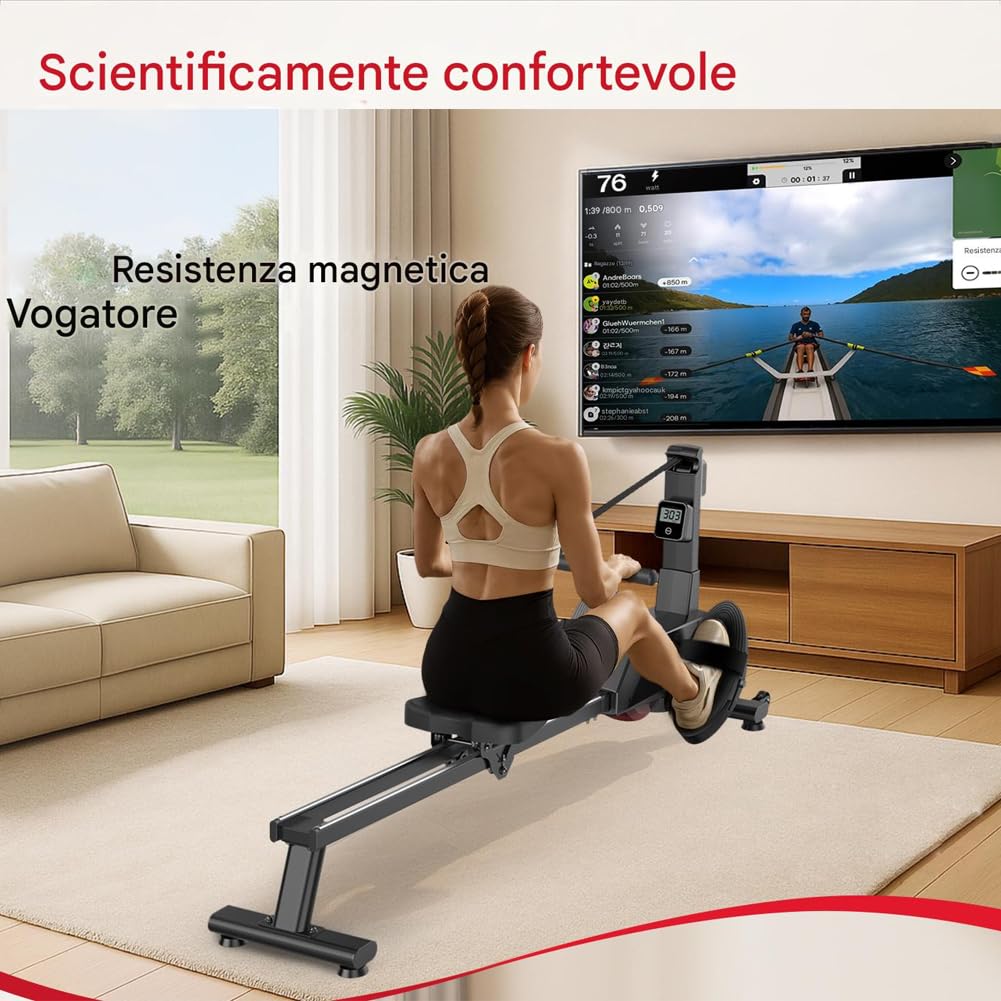 BAKAJI Vogatore Pieghevole con 8 Livelli di Resistenza e Sistema di Chiusura Salvaspazio e Spostamento con Rotelle Ergonomiche, Rematore Silenzioso da Palestra Fitness Home Gym per Cardio