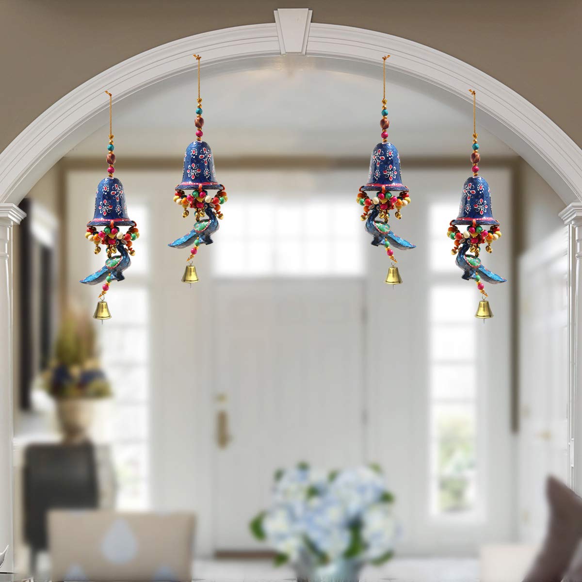 Handicrafts Paradise Door Hanging Blue Painted Bell with Jhalar Blue Peacock with Metal Bell Set of 4